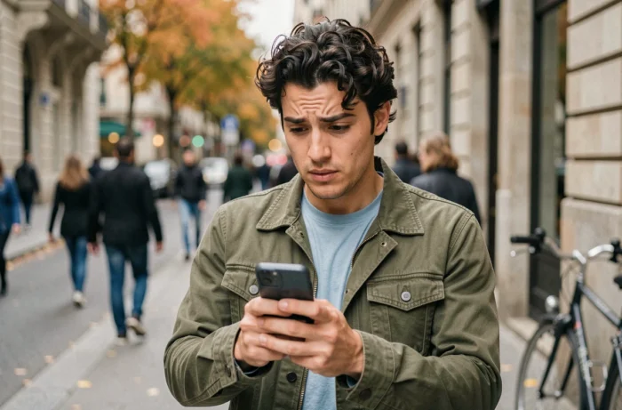 Jeune homme dans une rue européenne examinant un numéro de téléphone inconnu +33 806 sur son smartphone avec une expression dubitative