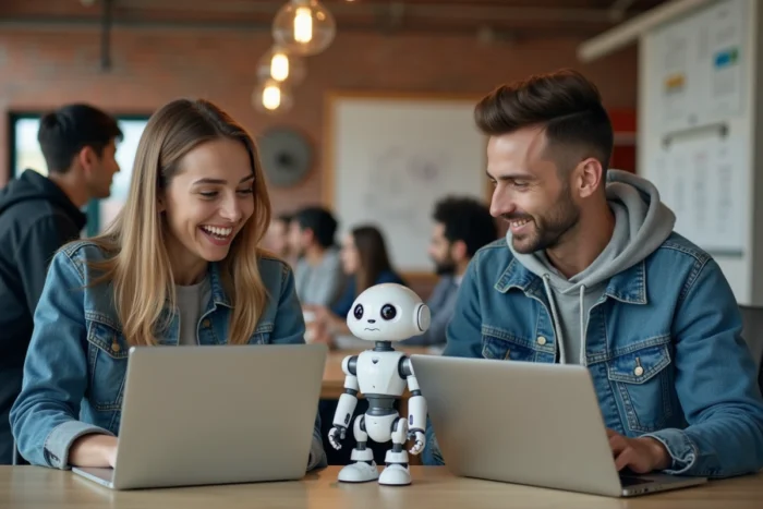 Deux jeunes professionnels explorant un prototype de robot dans un espace de coworking technologique et créatif