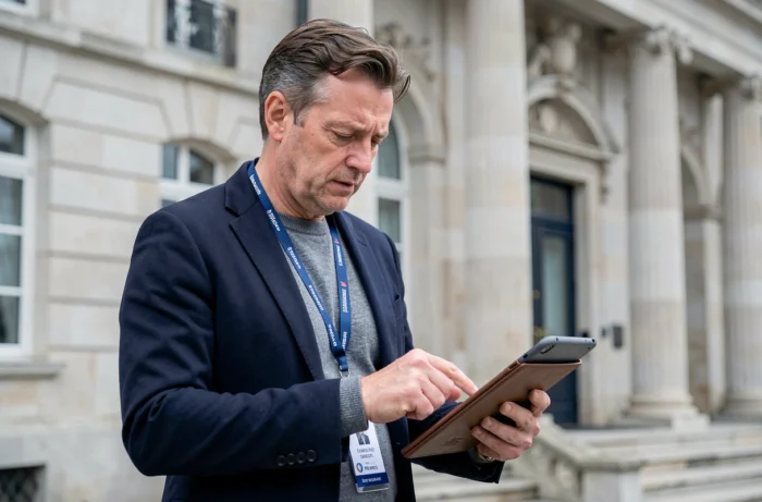Journaliste breton consultant sa tablette devant un bâtiment institutionnel à Rennes