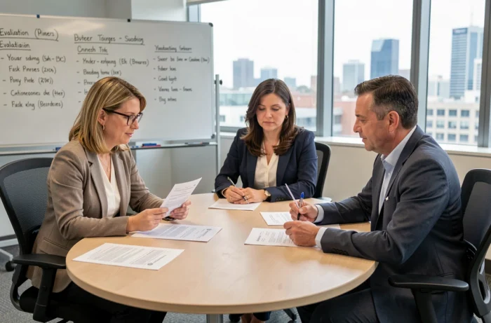Jury de recrutement d'enseignants étudiant des dossiers de candidature autour d'une table de conférence, représentant le processus de sélection des compétences enseignantes