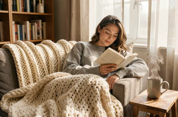 Jeune femme lisant un livre sur un canapé confortable avec une tasse de thé pour se ressourcer et améliorer son bien-être