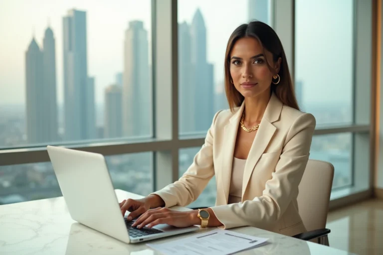 Femme d'affaires élégante d'origine moyen-orientale assise dans un bureau luxueux moderne, symbolisant fortune et réussite professionnelle