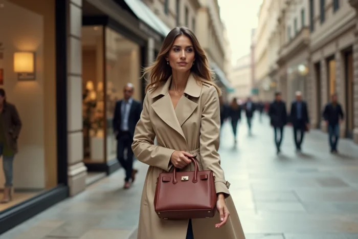 Femme arabe élégante marchant dans une avenue commerçante de luxe avec boutiques haut de gamme, illustrant un style de vie opulent et une fortune établie
