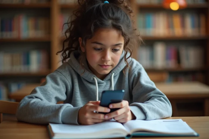 Lycéenne consultant son smartphone pour vérifier les informations sur la rentrée scolaire et la classe FR 2026