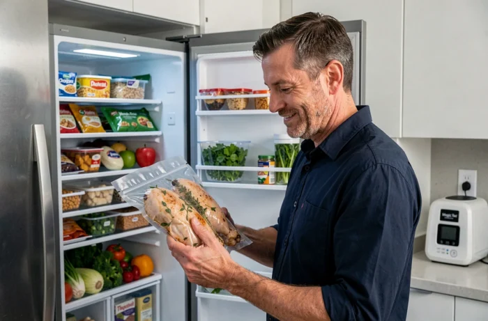 Homme inspectant un sac sous vide de poulet aux herbes devant un réfrigérateur bien organisé avec la Magic Vac Maxima 2