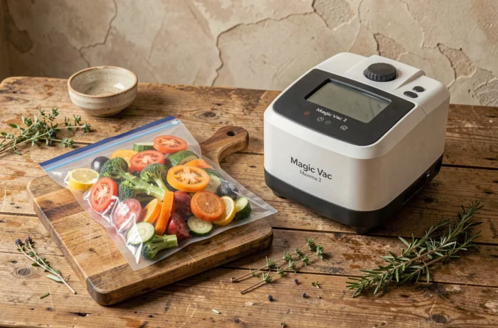 Sac sous vide rempli de légumes colorés scellé par la Magic Vac Maxima 2 posé sur une table en bois rustique