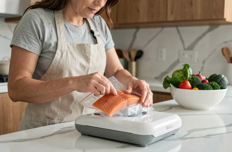 Femme utilisant la Magic Vac Maxima 2 pour mettre sous vide du saumon frais dans une cuisine moderne