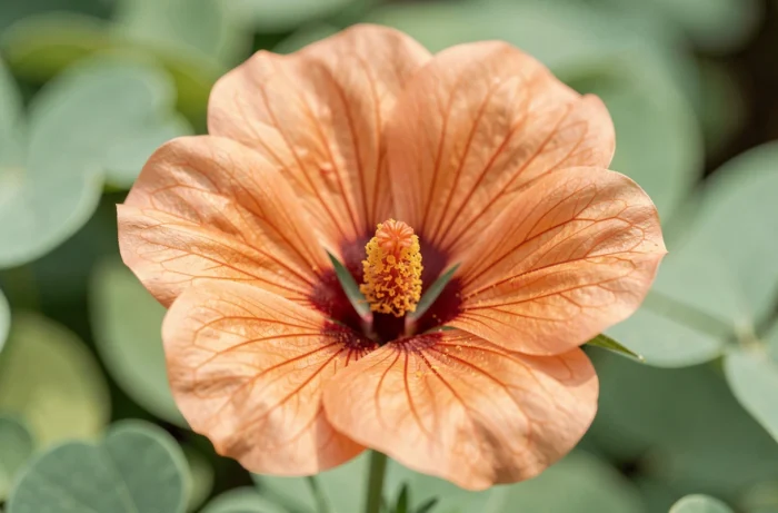 Gros plan sur une fleur de malvastrum lateritium révélant ses pétales saumon veinés et sa colonne staminale orange