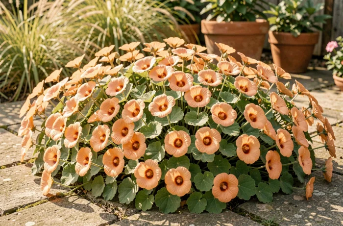 Massif de malvastrum lateritium en fleurs avec ses fleurs abricot-saumon le long d'un chemin en pierre dans un jardin ensoleillé