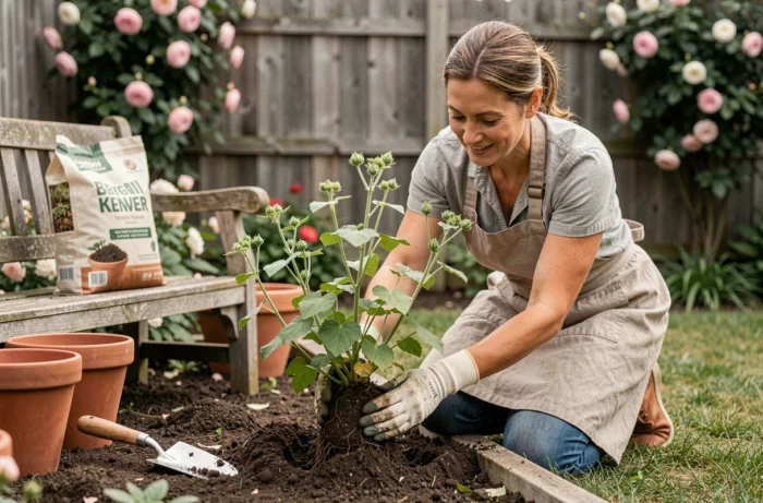 Jardinière plantant un malvastrum lateritium dans un massif de jardin résidentiel avec des outils en terre cuite