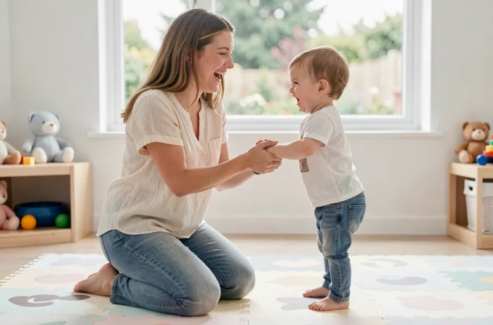 Maman tenant les mains de son bébé qui apprend à marcher sur un tapis de jeu coloré