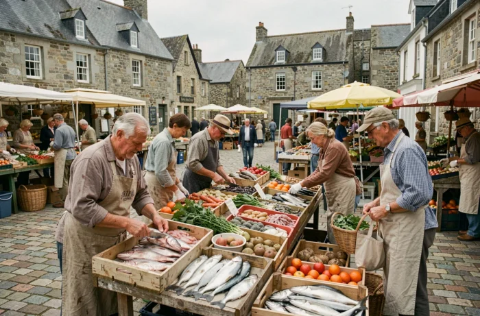 Marché local breton animé sur une place en granit avec des vendeurs de produits régionaux et de fruits de mer frais
