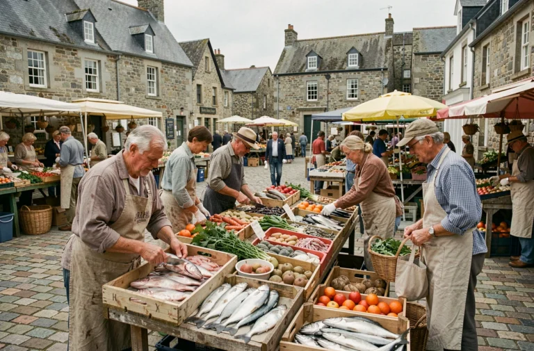 Marché local breton animé sur une place en granit avec des vendeurs de produits régionaux et de fruits de mer frais