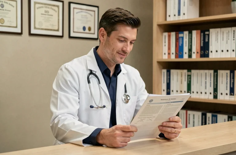 Médecin généraliste en blouse blanche consultant un dossier médical dans un cabinet moderne avec des diplômes encadrés au mur