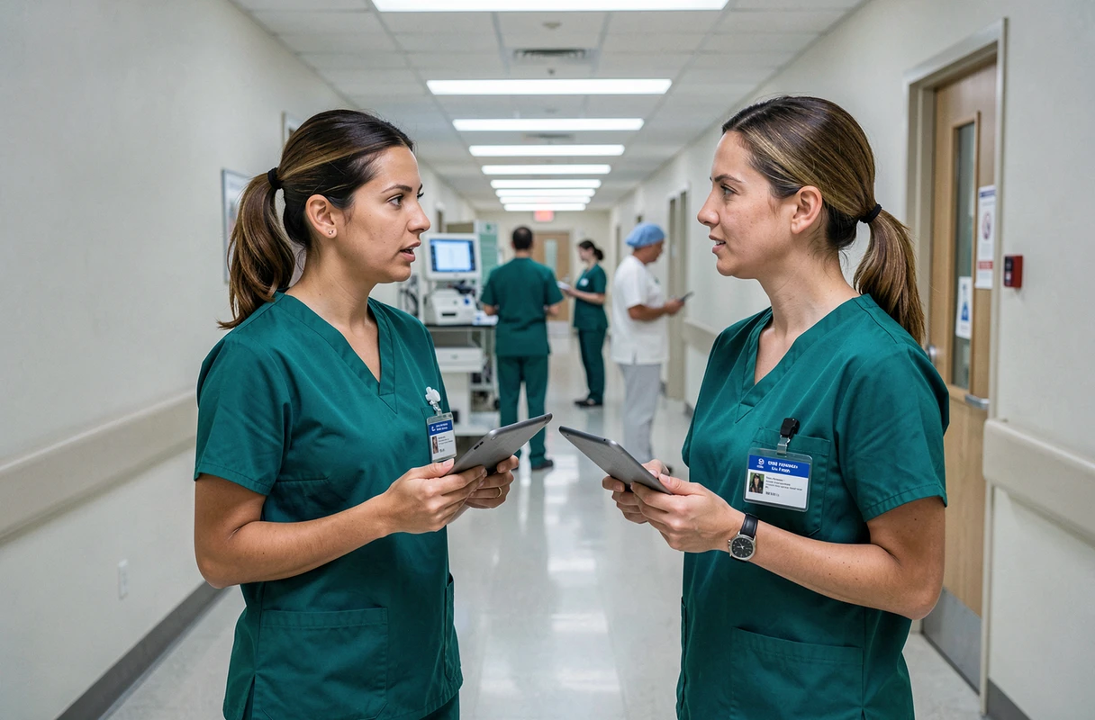 Deux médecins hospitaliers en tenue chirurgicale discutant dans un couloir d'hôpital avec des tablettes numériques contenant des dossiers patients