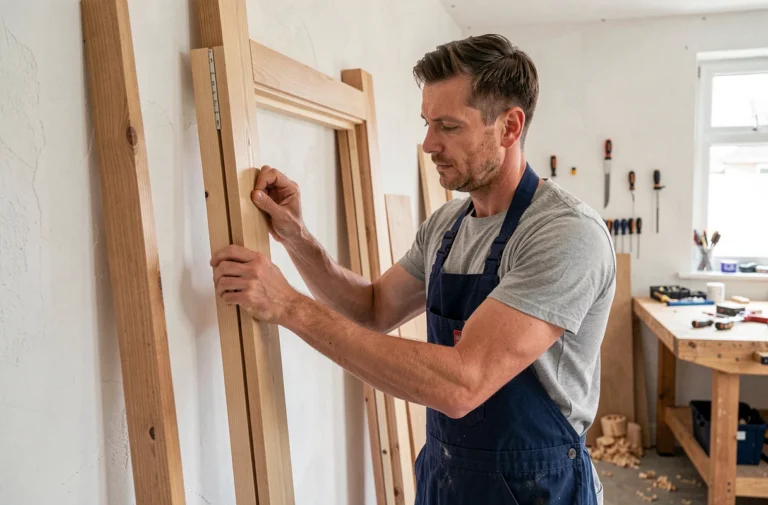 Menuisier professionnel mesurant un cadre de porte en bois sur mesure dans un intérieur résidentiel