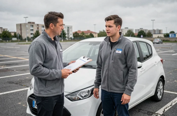 Moniteur d'auto-école debout à côté d'un véhicule d'entraînement dans un parking, évaluant les progrès d'un élève conducteur avec un formulaire d'évaluation