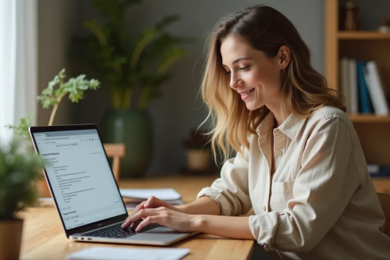 Femme naviguant sur un plan de site bien organisé depuis un ordinateur portable dans un bureau cosy