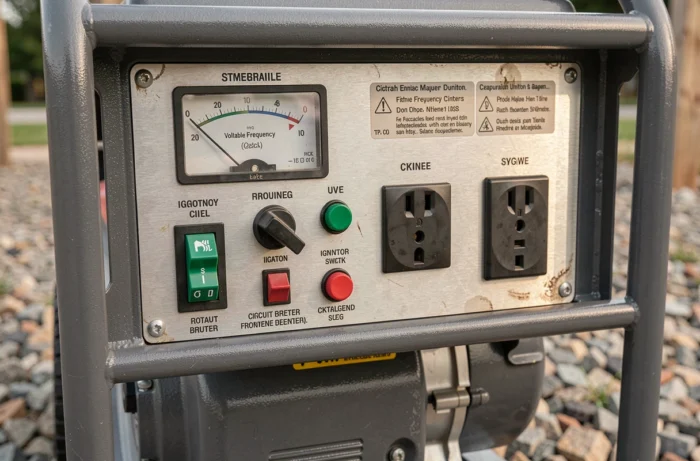 Gros plan sur le panneau de contrôle du groupe électrogène SDMO Phoenix 3000 avec jauges et prises