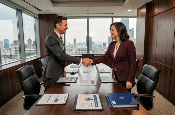 Deux professionnels B2B concluant un partenariat commercial avec une poignée de main dans une salle de réunion