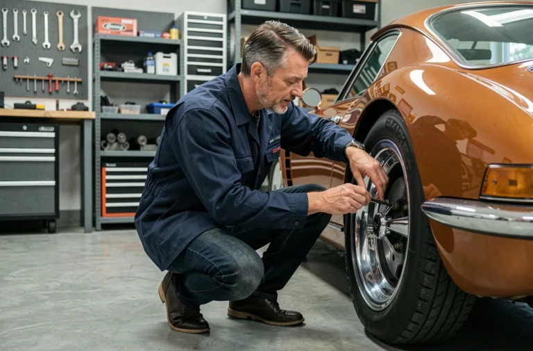 Passionné d'automobile inspectant une voiture de sport classique dans un garage moderne et bien équipé