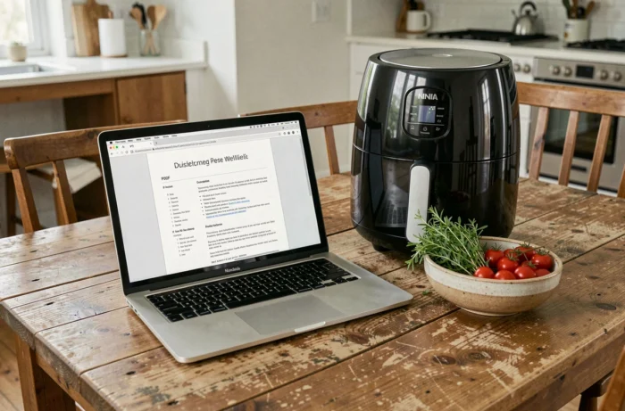Écran d'ordinateur portable affichant un PDF de recette pour air fryer Ninja posé sur une table en bois avec des ingrédients frais