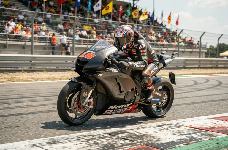 Pilote MotoGP en pleine action dans un virage lors d'une course du calendrier MotoGP 2024