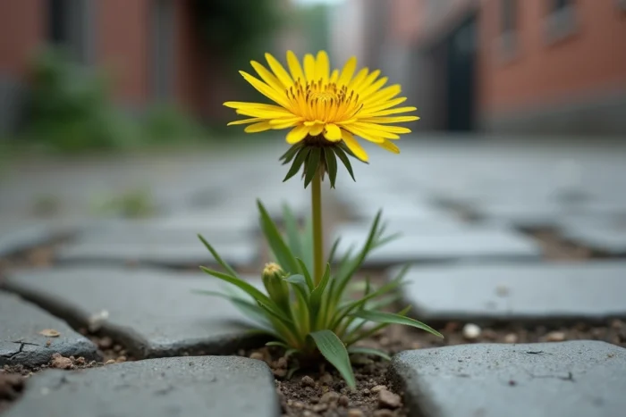 Pissenlit jaune poussant dans le béton fissuré, métaphore puissante de la résilience face aux épreuves de la vie