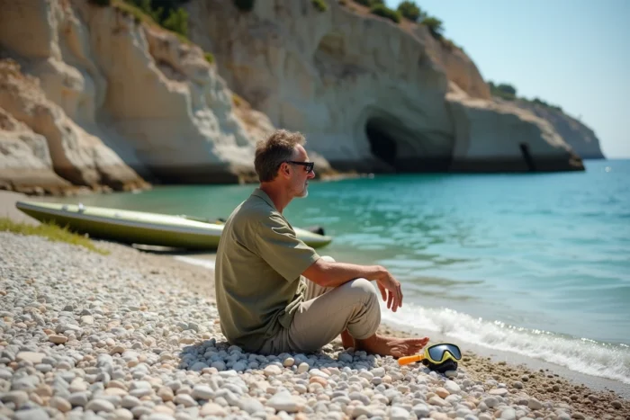Homme se reposant sur une plage de galets isolée à Chalki avec un masque de plongée et un kayak gonflable