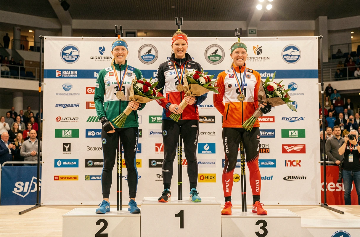 Podium de remise des prix lors d'une compétition de biathlon féminin avec les trois premières athlètes classées