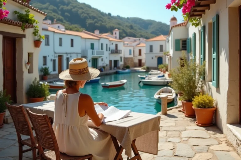 Femme assise dans un café du port de Chalki avec des maisons blanches et des bateaux de pêche typiques de l'île grecque
