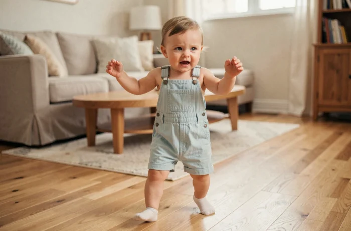 Bébé faisant ses premiers pas sur un parquet en chêne dans un salon familial chaleureux
