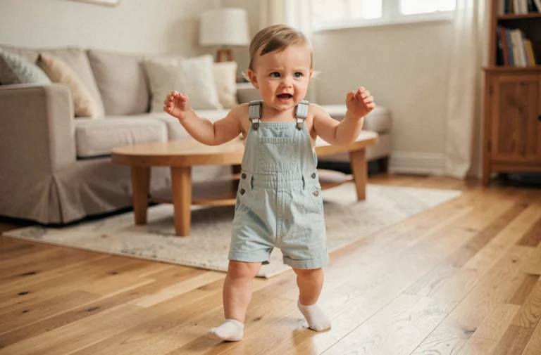 Bébé faisant ses premiers pas sur un parquet en chêne dans un salon familial chaleureux