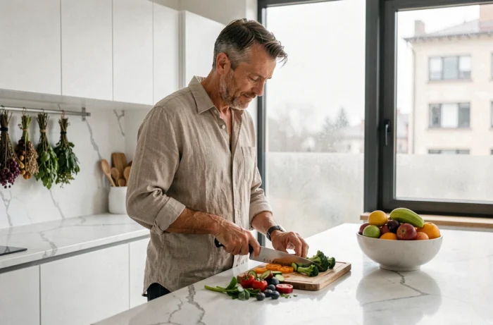 Homme préparant un repas sain et équilibré dans une cuisine moderne dans le cadre d'une routine bien-être au quotidien