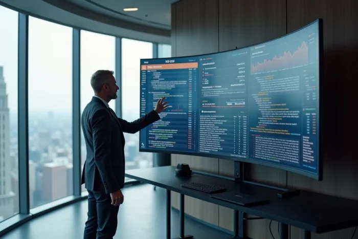 Professionnel de la tech analysant des tableaux de bord de données en temps réel sur un écran ultra-large dans un bureau moderne