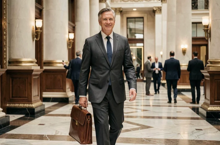 Professionnel expérimenté en costume charbon traversant le hall en marbre d'une banque privée prestigieuse avec une mallette en cuir