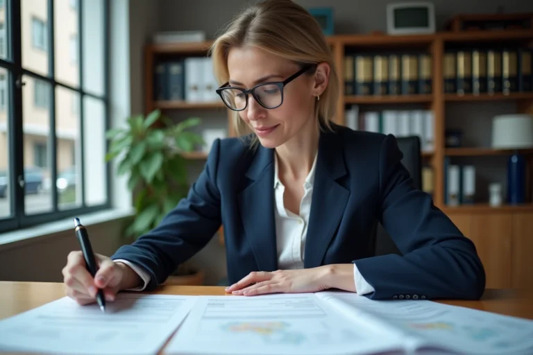 Professionnelle de l'immobilier consultant une revue foncière dans un bureau moderne pour sécuriser un achat immobilier