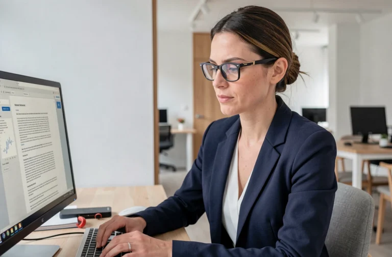 Professionnelle en blazer navy vérifiant les mentions légales d'un site web sur un ordinateur de bureau dans un bureau moderne