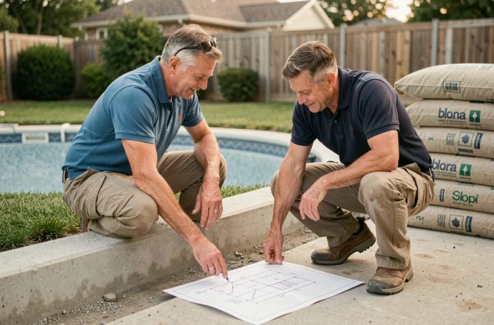 Deux professionnels consultant des plans techniques des dimensions d'une ceinture béton pour piscine coque dans un jardin résidentiel