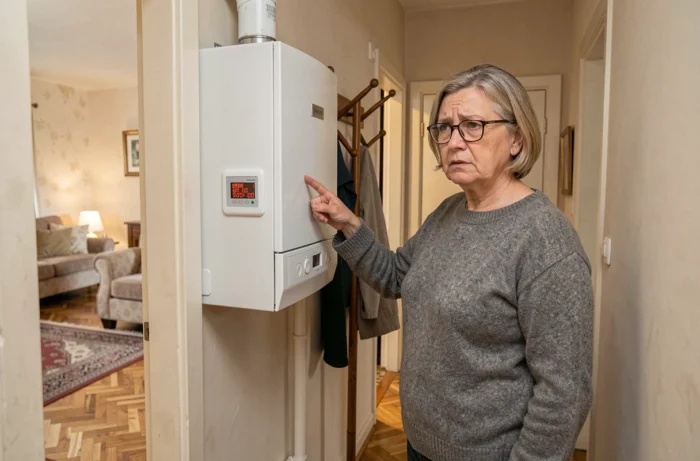 Propriétaire inquiète observant le code d'erreur affiché sur le tableau de commande de sa chaudière à condensation