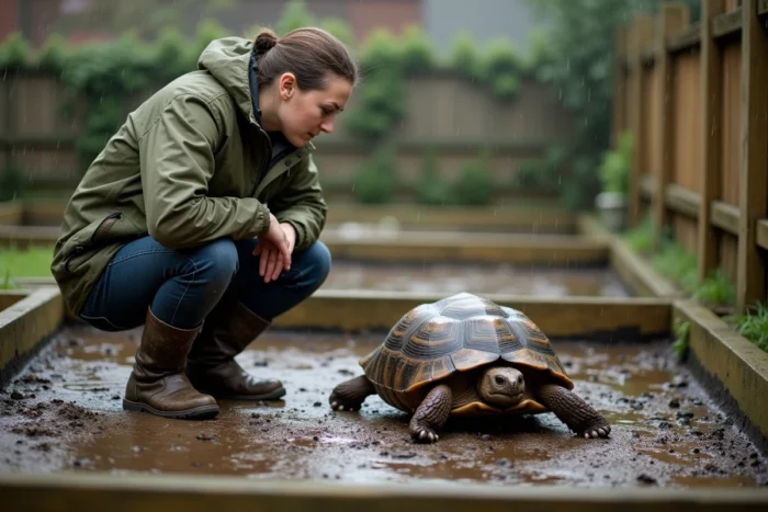 Propriétaire observant sa tortue de terre dans un enclos extérieur après une pluie