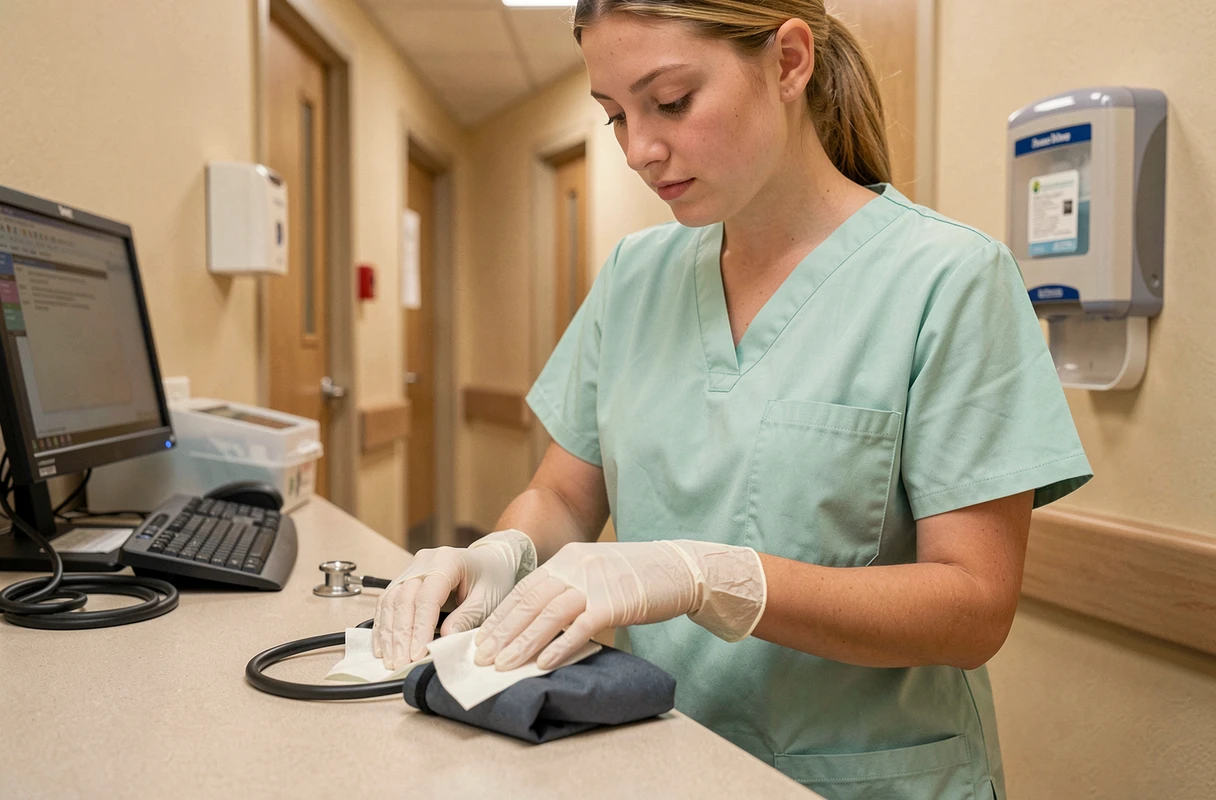 Infirmière désinfectant un stéthoscope et un tensiomètre avec des lingettes antiseptiques au poste de soins infirmiers