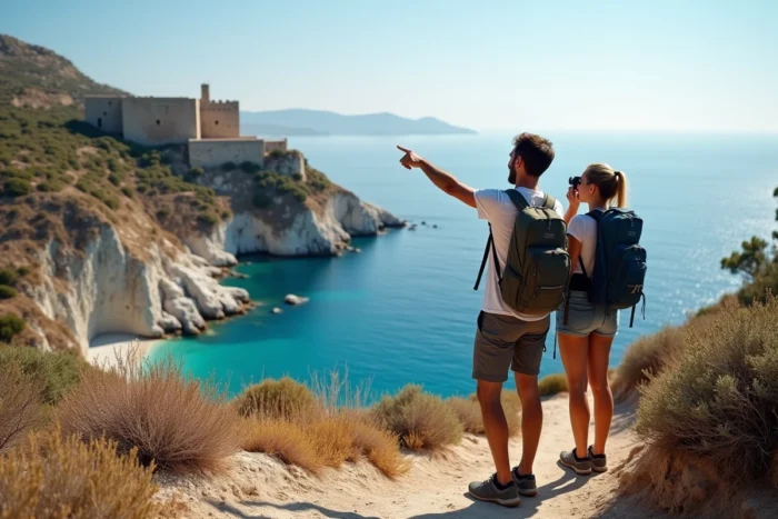 Couple de randonneurs observant un château médiéval et une crique turquoise depuis un sentier rocheux à Chalki