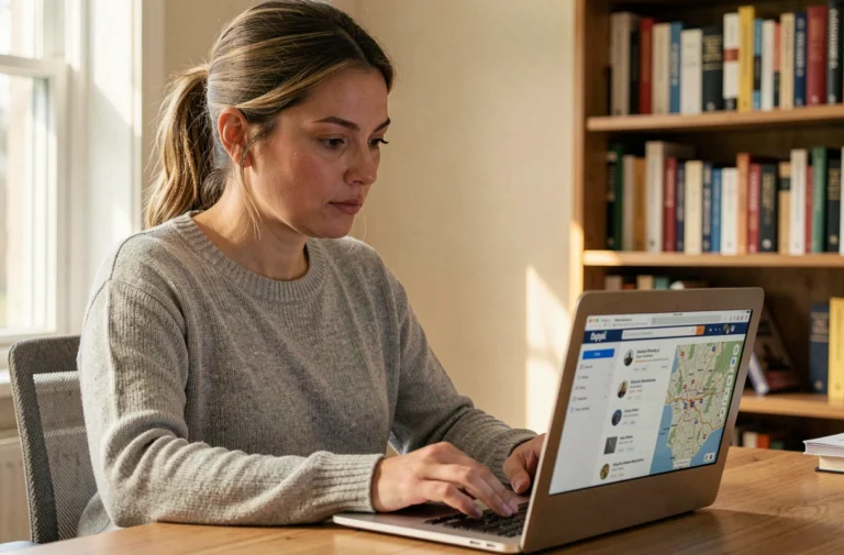 Femme recherchant une adresse sur un ordinateur portable dans un bureau à domicile organisé
