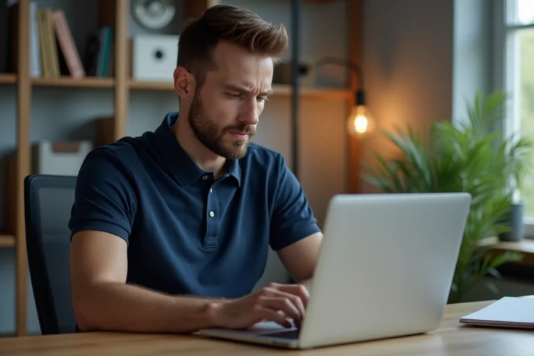Homme assis à un bureau tentant de récupérer son mot de passe Footclub FFF sur son ordinateur portable