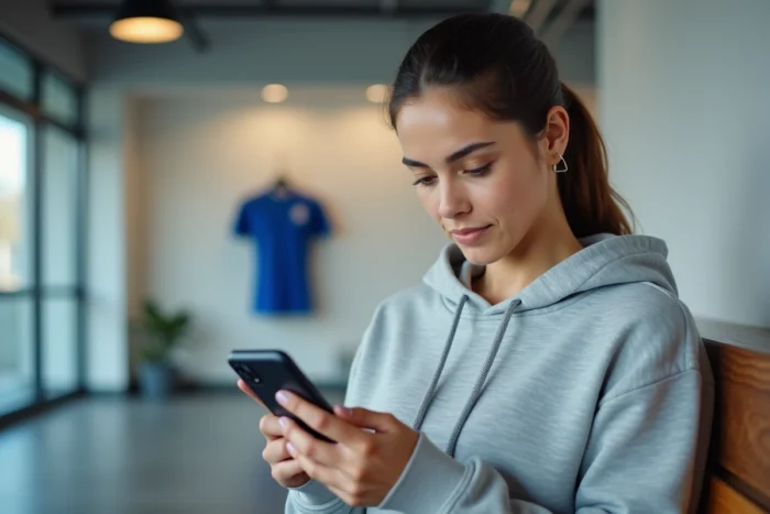 Femme consultant son smartphone pour réinitialiser son accès au compte Footclub de la FFF