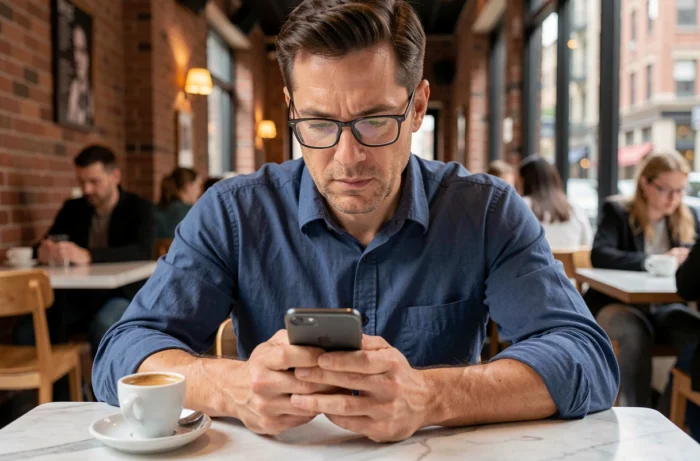Homme consultant son smartphone pour retrouver une adresse dans un café urbain