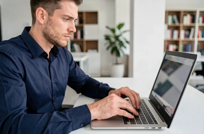 Homme tapant un code confidentiel Microsoft sur un ordinateur portable dans un bureau moderne