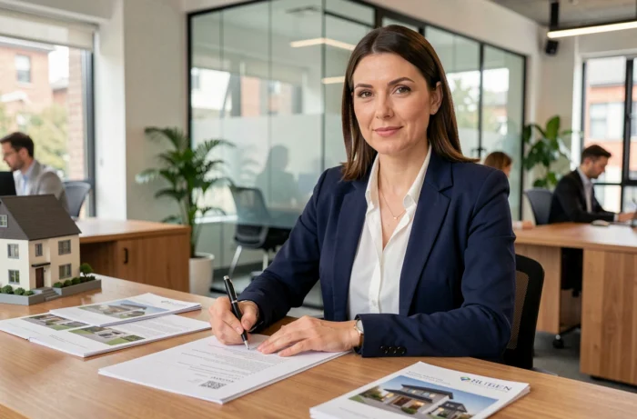 Salariée signant un contrat immobilier dans une agence moderne grâce au dispositif 1% logement pour sa mobilité professionnelle