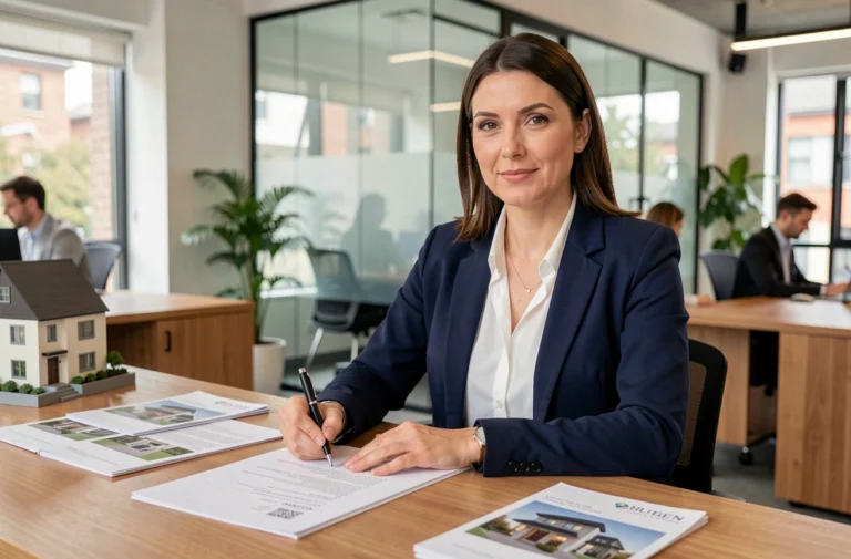 Salariée signant un contrat immobilier dans une agence moderne grâce au dispositif 1% logement pour sa mobilité professionnelle